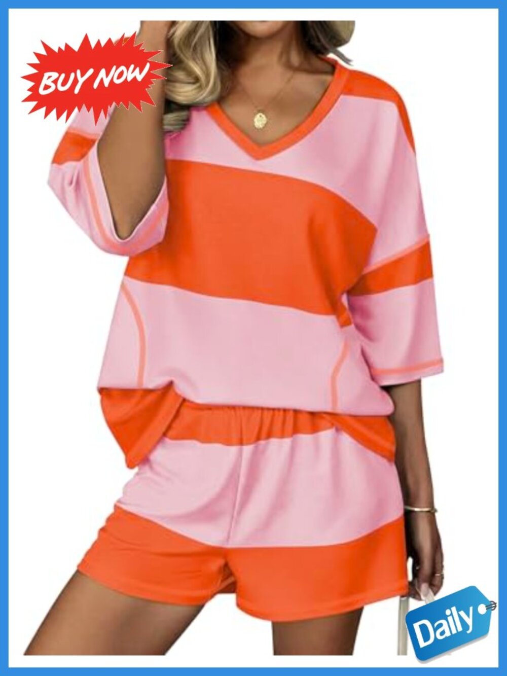 Women's 2 Piece Lounge Short Set V-Neck Top with Pockets Striped Summer